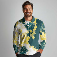 Yelow Teal Hibiscus Plumeria Floral Long Sleeve Polo Shirt - Polynesian Pride
