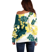 Yelow Teal Hibiscus Plumeria Floral Off Shoulder Sweater - Polynesian Pride