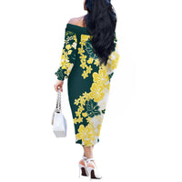 Yelow Teal Hibiscus Plumeria Floral Off The Shoulder Long Sleeve Dress - Polynesian Pride