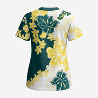 Yelow Teal Hibiscus Plumeria Floral Scrub Top - Polynesian Pride