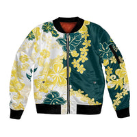 Yelow Teal Hibiscus Plumeria Floral Sleeve Zip Bomber Jacket LT01 Unisex Yellow - Polynesian Pride
