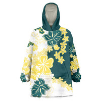 Yelow Teal Hibiscus Plumeria Floral Wearable Blanket Hoodie - Polynesian Pride