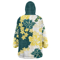 Yelow Teal Hibiscus Plumeria Floral Wearable Blanket Hoodie - Polynesian Pride