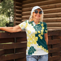 Yelow Teal Hibiscus Plumeria Floral Women Polo Shirt - Polynesian Pride