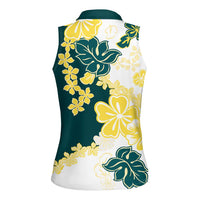 Yelow Teal Hibiscus Plumeria Floral Women Sleeveless Polo Shirt LT01 - Polynesian Pride