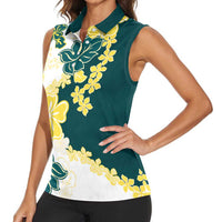 Yelow Teal Hibiscus Plumeria Floral Women Sleeveless Polo Shirt LT01 - Polynesian Pride