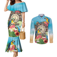 Personalized It's 5 o'clock Somewhere Couples Matching Mermaid Dress and Long Sleeve Button Shirt Hawaiian Tropical Parrots - Polynesian Pride