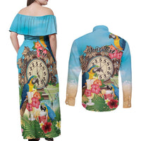 Personalized It's 5 o'clock Somewhere Couples Matching Off Shoulder Maxi Dress and Long Sleeve Button Shirt Hawaiian Tropical Parrots - Polynesian Pride