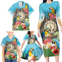 Personalized It's 5 o'clock Somewhere Family Matching Long Sleeve Bodycon Dress and Hawaiian Shirt Hawaiian Tropical Parrots - Polynesian Pride