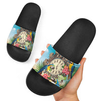It's 5 o'clock Somewhere Slide Sandals Hawaiian Tropical Parrots - Polynesian Pride