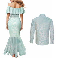 Polynesian Tiare Monstera Seafoam Green Couples Matching Mermaid Dress and Long Sleeve Button Shirt Liquid Style - Polynesian Pride