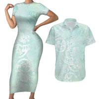 Polynesian Tiare Monstera Seafoam Green Couples Matching Short Sleeve Bodycon Dress and Hawaiian Shirt Liquid Style - Polynesian Pride
