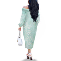 Polynesian Tiare Monstera Seafoam Green Family Matching Off The Shoulder Long Sleeve Dress and Hawaiian Shirt Liquid Style - Polynesian Pride