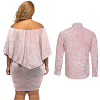 Polynesian Tiare Monstera Soft Pink Couples Matching Off Shoulder Short Dress and Long Sleeve Button Shirt Liquid Style - Polynesian Pride