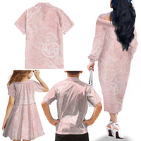 Polynesian Tiare Monstera Soft Pink Family Matching Off The Shoulder Long Sleeve Dress and Hawaiian Shirt Liquid Style - Polynesian Pride