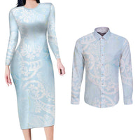 Polynesian Tiare Monstera Baby Blue Couples Matching Long Sleeve Bodycon Dress and Long Sleeve Button Shirt Liquid Style - Polynesian Pride