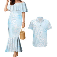 Polynesian Tiare Monstera Baby Blue Couples Matching Mermaid Dress and Hawaiian Shirt Liquid Style - Polynesian Pride