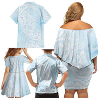 Polynesian Tiare Monstera Baby Blue Family Matching Off Shoulder Short Dress and Hawaiian Shirt Liquid Style - Polynesian Pride
