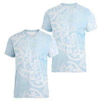 Polynesian Tiare Monstera Baby Blue Women V-Neck T-Shirt Liquid Style - Polynesian Pride
