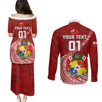 Custom Tonga Rugby Couples Matching Puletasi Dress and Long Sleeve Button Shirts Tongan Ngatu Pattern White Version LT01 - Polynesian Pride