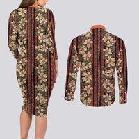 Hawaii Hibiscus Couples Matching Long Sleeve Bodycon Dress and Long Sleeve Button Shirt Retro Style - Polynesian Pride
