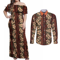 Hawaii Hibiscus Couples Matching Off Shoulder Maxi Dress and Long Sleeve Button Shirt Retro Style - Polynesian Pride