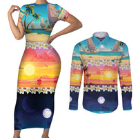 Hawaii Beach Landscape Time-Lapse Couples Matching Short Sleeve Bodycon Dress and Long Sleeve Button Shirt Tropical Plumeria Flowers LT01 Multicolor - Polynesian Pride