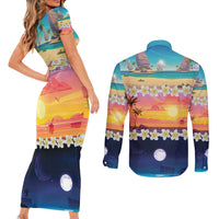 Hawaii Beach Landscape Time-Lapse Couples Matching Short Sleeve Bodycon Dress and Long Sleeve Button Shirt Tropical Plumeria Flowers LT01 - Polynesian Pride