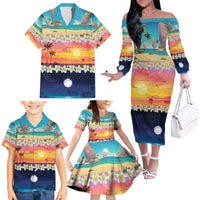 Hawaii Beach Landscape Time-Lapse Family Matching Off The Shoulder Long Sleeve Dress and Hawaiian Shirt Tropical Plumeria Flowers LT01 - Polynesian Pride