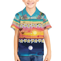 Hawaii Beach Landscape Time-Lapse Family Matching Off The Shoulder Long Sleeve Dress and Hawaiian Shirt Tropical Plumeria Flowers LT01 Son's Shirt Multicolor - Polynesian Pride