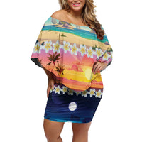 Hawaii Beach Landscape Time-Lapse Family Matching Off Shoulder Short Dress and Hawaiian Shirt Tropical Plumeria Flowers - Polynesian Pride