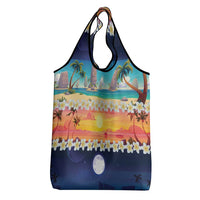Hawaii Beach Landscape Time-Lapse Grocery Bag Tropical Plumeria Flowers - Polynesian Pride