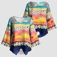 Hawaii Beach Landscape Time-Lapse Kimono Sleeve Blouse Tropical Plumeria Flowers - Polynesian Pride