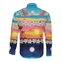 Hawaii Beach Landscape Time-Lapse Long Sleeve Button Shirt Tropical Plumeria Flowers - Polynesian Pride