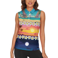 Hawaii Beach Landscape Time-Lapse Women Sleeveless Polo Shirt Tropical Plumeria Flowers - Polynesian Pride
