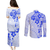 Fiji Masi With Hibiscus Tapa Tribal Couples Matching Puletasi Dress and Long Sleeve Button Shirt Blue Pastel LT01 - Polynesian Pride