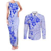 Fiji Masi With Hibiscus Tapa Tribal Couples Matching Tank Maxi Dress and Long Sleeve Button Shirt Blue Pastel LT01 Blue - Polynesian Pride