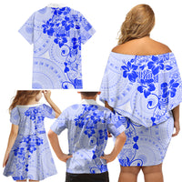 Fiji Masi With Hibiscus Tapa Tribal Family Matching Off Shoulder Short Dress and Hawaiian Shirt Blue Pastel LT01 - Polynesian Pride