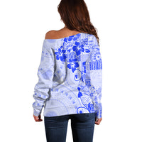 Fiji Masi With Hibiscus Tapa Tribal Off Shoulder Sweater Blue Pastel LT01 - Polynesian Pride