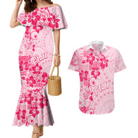 Fiji Masi With Hibiscus Tapa Tribal Couples Matching Mermaid Dress and Hawaiian Shirt Pink Pastel LT01 Pink - Polynesian Pride