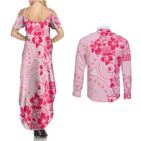 Fiji Masi With Hibiscus Tapa Tribal Couples Matching Summer Maxi Dress and Long Sleeve Button Shirt Pink Pastel LT01 - Polynesian Pride