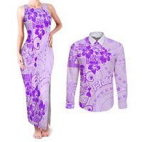 Fiji Masi With Hibiscus Tapa Tribal Couples Matching Tank Maxi Dress and Long Sleeve Button Shirt Purple Pastel LT01 Purple - Polynesian Pride