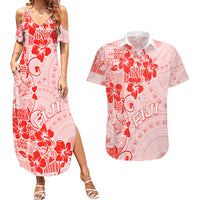 Fiji Masi With Hibiscus Tapa Tribal Couples Matching Summer Maxi Dress and Hawaiian Shirt Red Pastel LT01 Red - Polynesian Pride