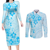 Fiji Masi With Hibiscus Tapa Tribal Couples Matching Long Sleeve Bodycon Dress and Long Sleeve Button Shirt Sky Blue Pastel LT01 Blue - Polynesian Pride