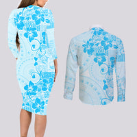 Fiji Masi With Hibiscus Tapa Tribal Couples Matching Long Sleeve Bodycon Dress and Long Sleeve Button Shirt Sky Blue Pastel LT01 - Polynesian Pride