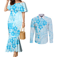 Fiji Masi With Hibiscus Tapa Tribal Couples Matching Mermaid Dress and Long Sleeve Button Shirt Sky Blue Pastel LT01 Blue - Polynesian Pride