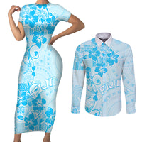 Fiji Masi With Hibiscus Tapa Tribal Couples Matching Short Sleeve Bodycon Dress and Long Sleeve Button Shirt Sky Blue Pastel LT01 Blue - Polynesian Pride