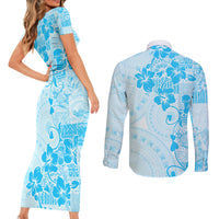 Fiji Masi With Hibiscus Tapa Tribal Couples Matching Short Sleeve Bodycon Dress and Long Sleeve Button Shirt Sky Blue Pastel LT01 - Polynesian Pride