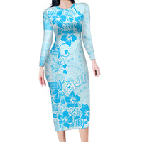Fiji Masi With Hibiscus Tapa Tribal Family Matching Long Sleeve Bodycon Dress and Hawaiian Shirt Sky Blue Pastel LT01 Mom's Dress Blue - Polynesian Pride
