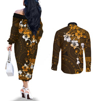 Fiji Masi With Hibiscus Tapa Tribal Couples Matching Off The Shoulder Long Sleeve Dress and Long Sleeve Button Shirt Gold Version LT01 - Polynesian Pride